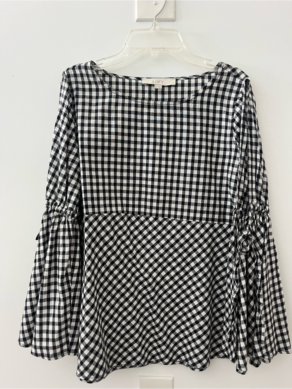 LOFT Black & White Gingham Bell-Sleeve Top
